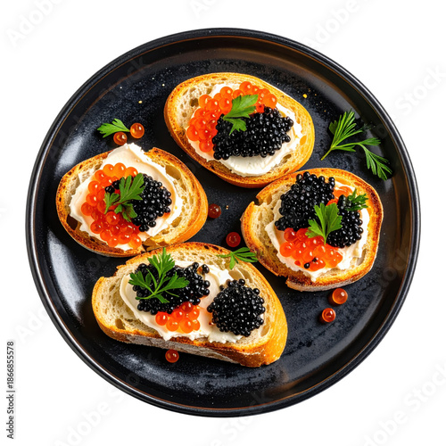 A selection of caviar-topped blinis on a dark plate, professionally isolated on a pure white studio background