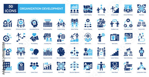 Organization Development Fill Icon Set. Growth Session, Talent Mapping, Vision Sharing, Change Leader, Internal Workshop, Team Sync, Cultural Shift