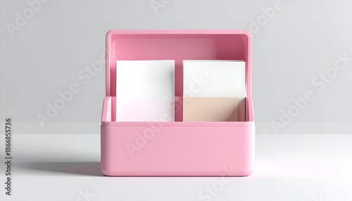 Pink desk organizer holding white sticky notes and a beige small notepad