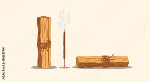Collection of palo santo holy wood sticks, including a bundle and a single burning incense stick with smoke, for spiritual rituals.