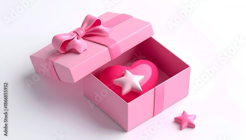 Pink gift box with ribbon open, revealing a heart and star inside. One star outside