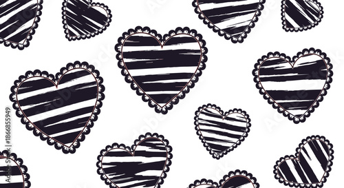 Seamless pattern of black and white striped hearts with delicate scalloped lace edges, a romantic and artistic background design.