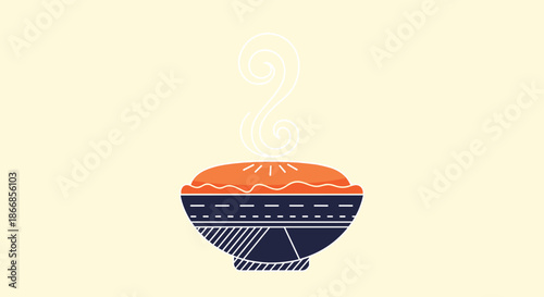 Stylized illustration of a steaming hot pie or dish in a decorative blue bowl with geometric patterns on a light background.