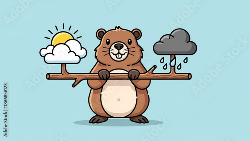 A cartoon groundhog holds a branch with sunny and rainy weather symbols