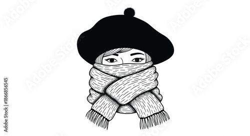 Black and white hand-drawn sketch of a stylish person wearing a beret and a cozy, thick scarf that covers their lower face.