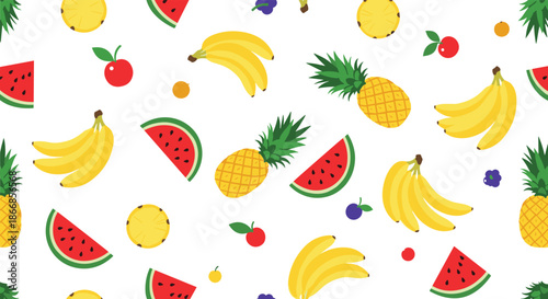 Colorful and cheerful seamless pattern of various fruits, including bananas, watermelons, and pineapples, on a white background.