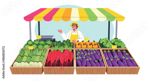 A friendly male farmer stands at his colorful farmers market stall, selling a variety of fresh vegetables like carrots and eggplant.