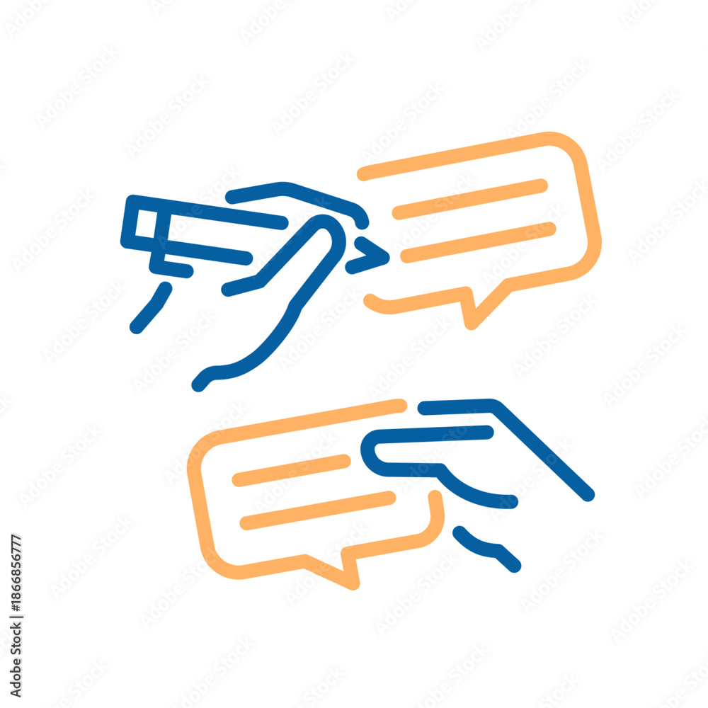 Fototapeta premium Hands interacting with speech bubbles to represent online conversation, feedback, messaging, collaboration and customer support interaction. Thin line icon editable stroke