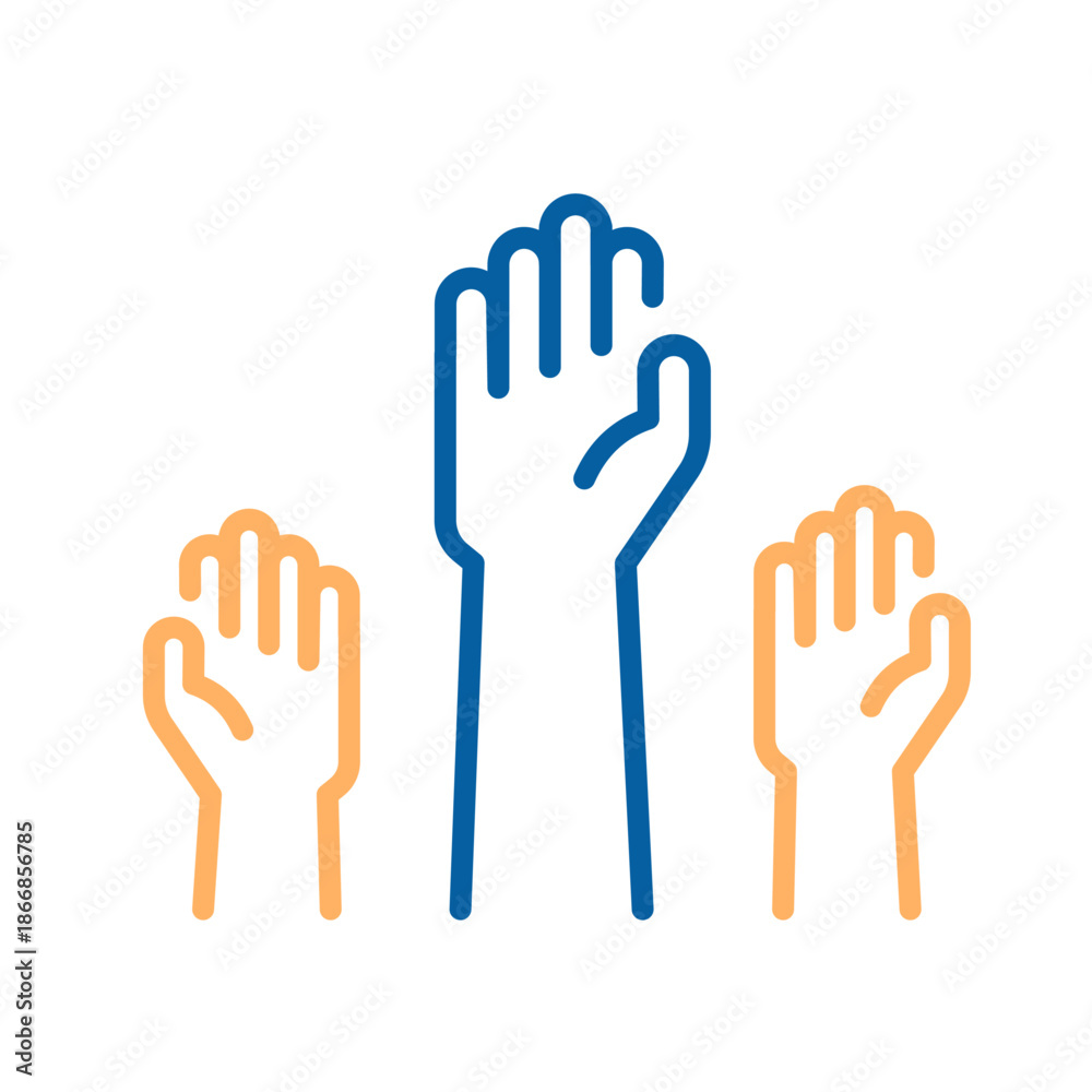 Fototapeta premium Blue and orange outline hands raising, representing voting, choice, democracy, participation, and volunteering concepts. Thin line icon editable stroke