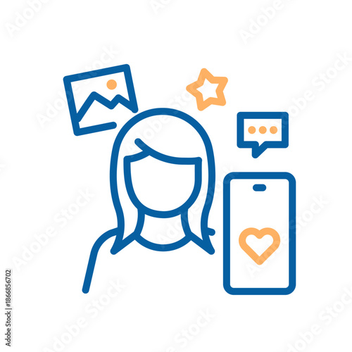 Woman icon working with smartphone, creating content, receiving likes and messages, representing social media influencer or marketer. Thin line icon editable stroke