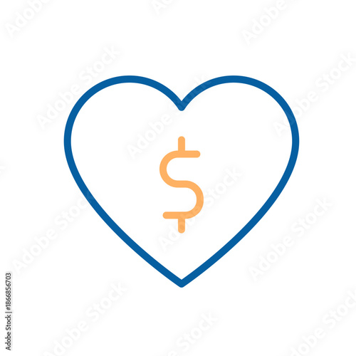 Outline icon showing a heart enclosing a dollar sign, representing concepts like philanthropy, fundraising, and social giving. Thin line icon editable stroke