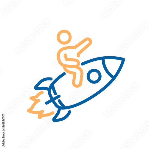Person riding a rocket symbolizing startup launch, rapid growth, innovation and ambitious business progress toward future goals. Thin line icon editable stroke