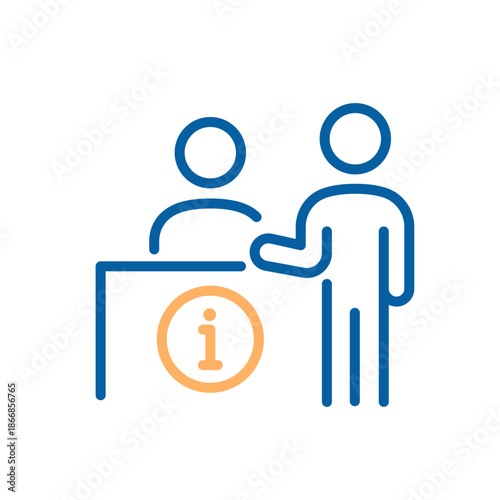 Customer at information desk receiving help from staff member — professional reception, support and guidance for inquiries and service. Thin line icon editable stroke