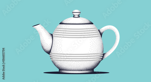 White ceramic teapot illustrated in a detailed stippling or dotwork style, casting a shadow on a solid light blue background.