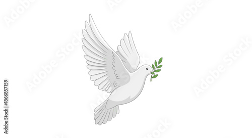 Graceful white dove of peace flying with a green olive branch in its beak, symbolizing hope and harmony, on a white background.