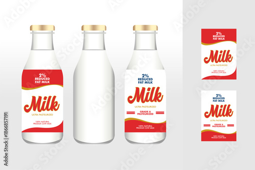 milk label sticker design template vector with bottles 3d design