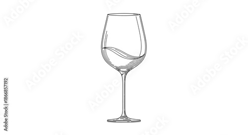 Elegant minimalist line art drawing of a wine glass with a gentle swirl of red or white wine inside, isolated on a white background.