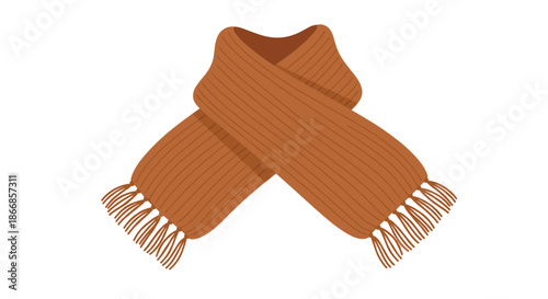 Cozy brown knitted winter scarf with fringe, illustrated in a simple and warm style, isolated on a clean white background.