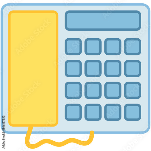 A flat vector icon of a traditional office desk phone with a handset and keypad used for corporate communication and telemarketing