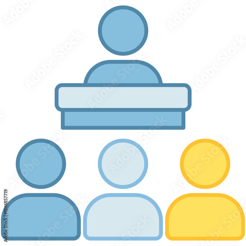 A single speaker or moderator standing at a podium or lectern addressing a group of three listeners