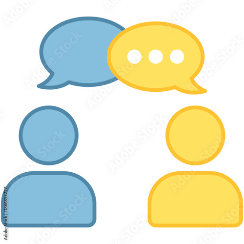 Two individuals engaging in a conversation with blue and yellow speech bubbles representing a dialogue