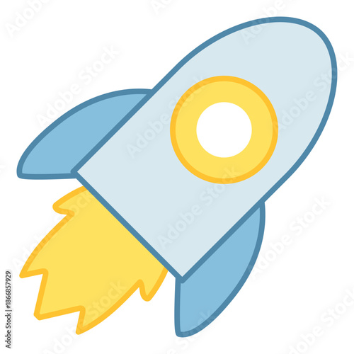 A blue and white rocket ship launching with yellow fire symbolizing speed and deployment