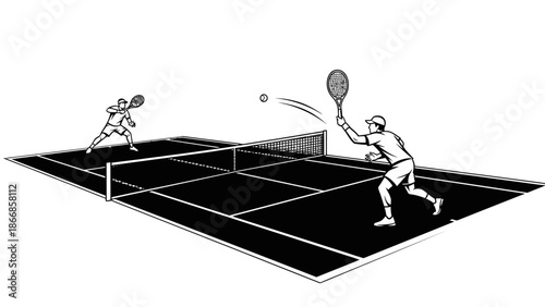 Two players engaged in a competitive game of tenis lapangan on a black tennis court with white lines, captured in a dynamic illustration.