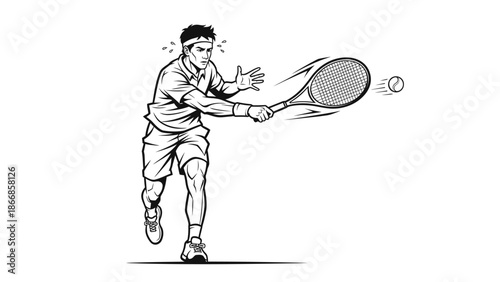 A tennis player in action, swinging a racket to hit a ball on a tenis lapangan with dynamic motion lines.