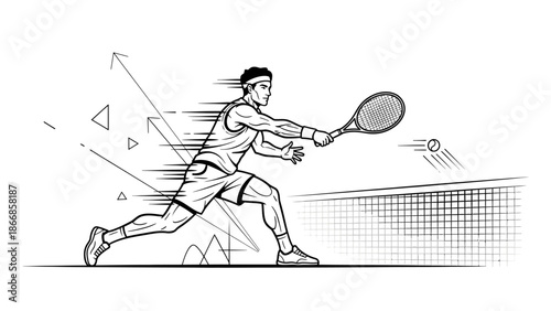 A dynamic illustration of a male tennis player in motion, swinging a racket on a tenis lapangan with motion lines and geometric shapes.