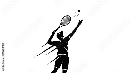 A tennis player in a dynamic pose, swinging a racket to hit a ball on a tenis lapangan with motion lines, depicted in a bold black silhouette against a clean white background.