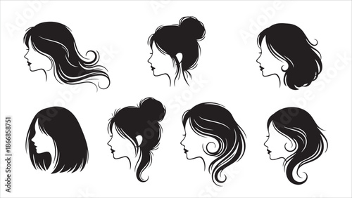 A Collection of Elegant Black Silhouette Portraits of Women Featuring Diverse Hairstyles, from Flowing Wavy Hair to Stylish Buns and Updos, Ideal for Beauty Salon Logos or Fashion Illustration.eps