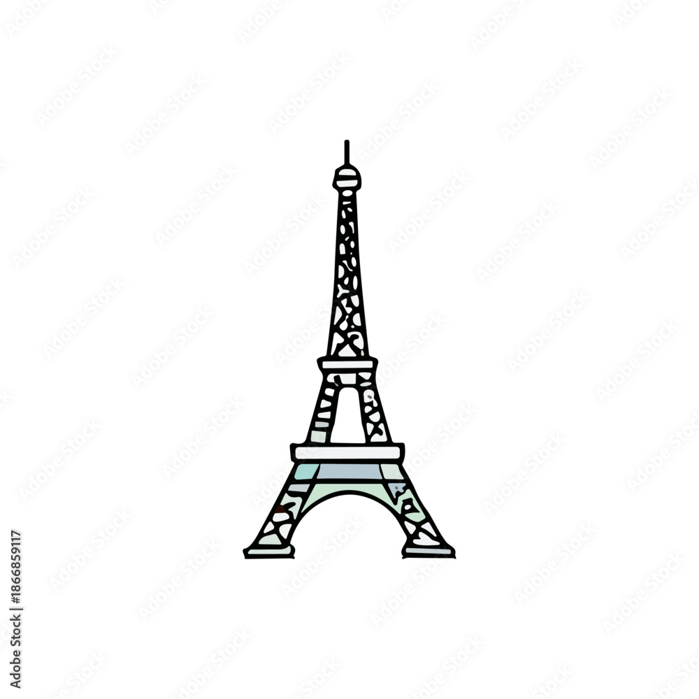Fototapeta premium Hand-drawn illustration of the iconic Eiffel Tower, a symbol of Parisian elegance and travel, rendered in a charming sketch style with subtle colors, ideal for creative designs