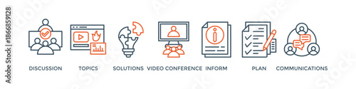 Meeting banner web icon vector illustration for business meeting and discussion with communications, topics, solutions, plan, inform