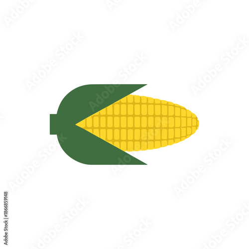 Modern flat design illustration of a vibrant yellow ear of corn with green husks, symbolizing healthy fresh produce, agricultural crops, and a versatile ingredient for culinary creations