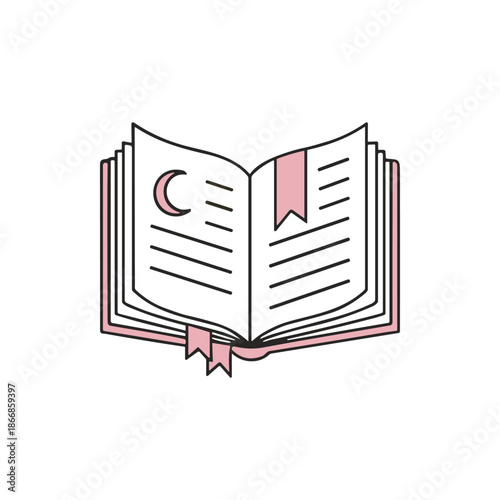 An open hardcover book with a red bookmark lies flat on a blank paper page to represent education and literature in a library for study and reading