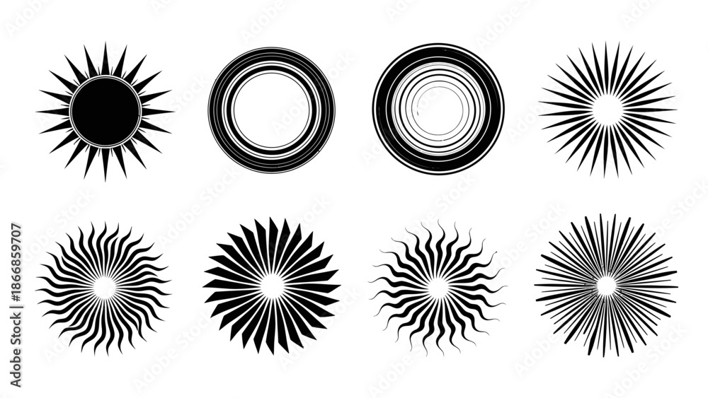 Fototapeta premium Sunburst Abstract Shapes Set, Retro Starburst Graphics, Vintage Rays Icons