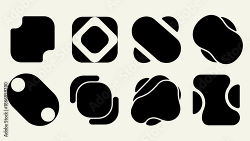 Abstract Geometric Shapes Set, Minimalist Black Icons on Cream Background