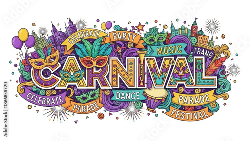 A vibrant and colorful illustration of a carnival celebration with festive decorations and typography