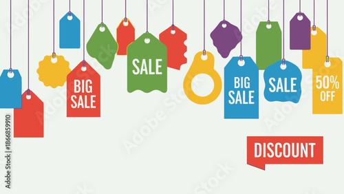 Colorful Sale Tags and Discount Labels Hanging on Strings, Retail Promotion