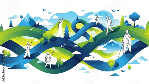 A vibrant vector illustration of people standing on intertwined paths in a scenic landscape with mountains and trees