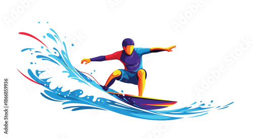 Energetic surfer riding a massive turquoise wave under a clear sky in a vibrant and modern flat vector illustration style.