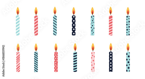 Two rows of festive birthday candles with colorful patterns and burning flames are arranged against a white background for a celebration.