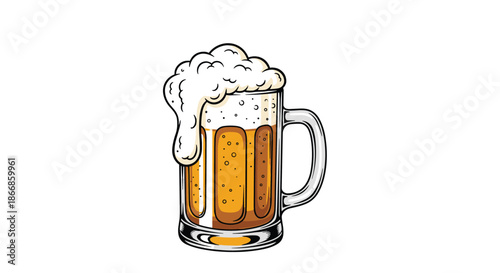 Cold glass mug of amber beer is topped with a thick layer of white foam and bubbles shown in a detailed hand drawn vector style.