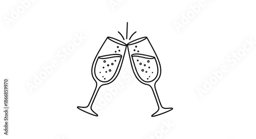 Two elegant champagne glasses clinking together for a celebratory toast with sparkling bubbles in a clean line art style.