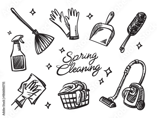 spring cleaning household equipment doodle set design
