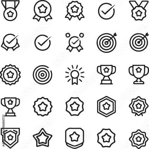 Collection of achievement icons and awards in line art style