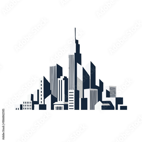 A stylized city skyline at dusk with sleek skyscrapers and modern buildings in a cartoon style against a clean white background with dark blue and grey tones.