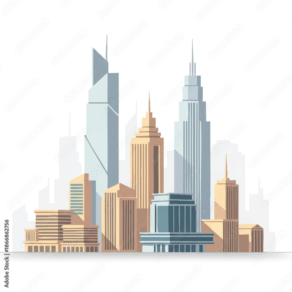 Fototapeta premium Cartoon illustration of a modern city skyline with sleek skyscrapers and buildings in a cute, stylized urban landscape with warm beige and blue tones.
