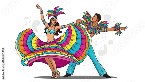 A vibrant vector illustration of a dancing couple in colorful costumes, performing a lively samba dance.