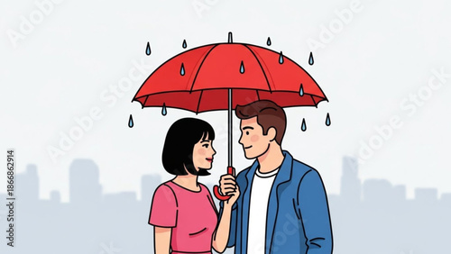 A cartoon illustration of a romantic couple sharing a red umbrella on a rainy day with a city skyline in the background